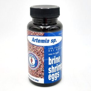 A dark plastic bottle labeled Artemia sp. brine shrimp eggs, featuring a blue and white design with a photo of the eggs. The label also reads San Francisco Bay Brand and easy-to-hatch on the front.