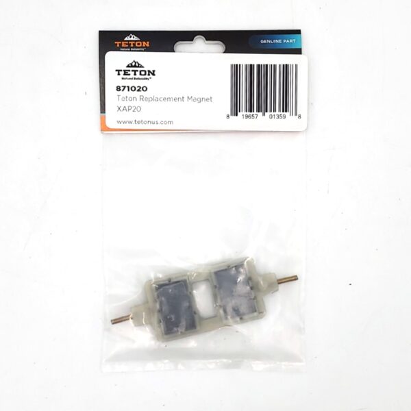 A packaged Teton Replacement Magnet (model 871020), visible through clear plastic. The label displays the Teton logo, product name, barcode, and website on a white and orange background.