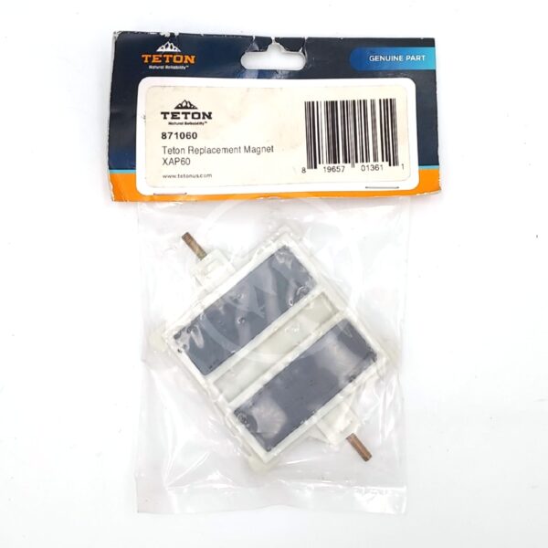 A packaged Teton Replacement Magnet (model XAP60) is shown. The magnet is white with two dark rectangular sections, visible through a clear plastic bag with a labeled Teton cardboard header.