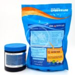 A blue resealable bag and a matching blue-lidded container of NLS CICHLID PELLETS REG fish food are shown. The bag shows product and nutritional info with icons, while the container's back is visible.