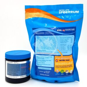 A blue resealable bag and a matching blue-lidded container of NLS CICHLID PELLETS REG fish food are shown. The bag shows product and nutritional info with icons, while the container's back is visible.