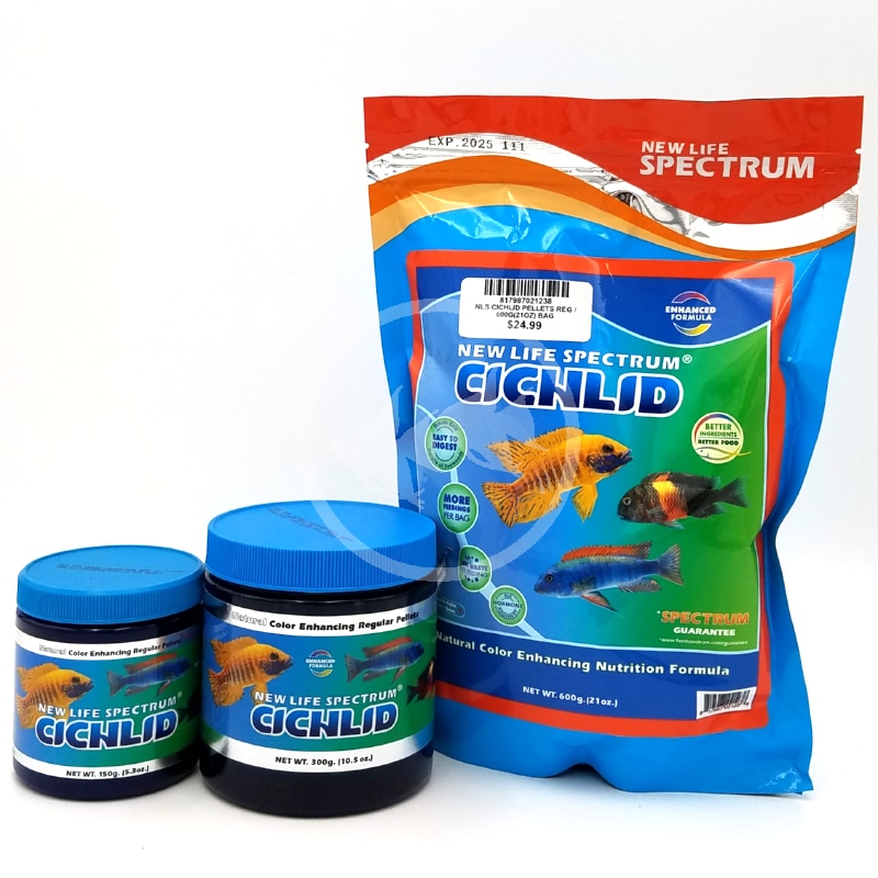 20210928 111402DONE.jpg Three containers of NLS CICHLID PELLETS REG: two blue-lidded jars and one large resealable bag, each featuring images of colorful cichlid fish and detailed product labeling.