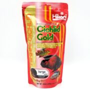 A red and yellow bag of HIKARI CICHLID GOLD LARGE FLOAT 8.8 OZ (250G) with images of colorful fish and text promoting color-enhancing benefits on the front.