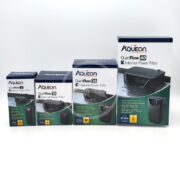 Four Aqueon QuietFlow E Internal Power Filter boxes in different sizes (extra small, small, medium, and large) are displayed in a row against a white background.
