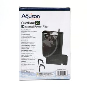 Aqueon QuietFlow 20 E Internal Power Filter box showing product image and features, including patented filtration, auto-start pump, bio-holster, coarse media sponge, and installation information.