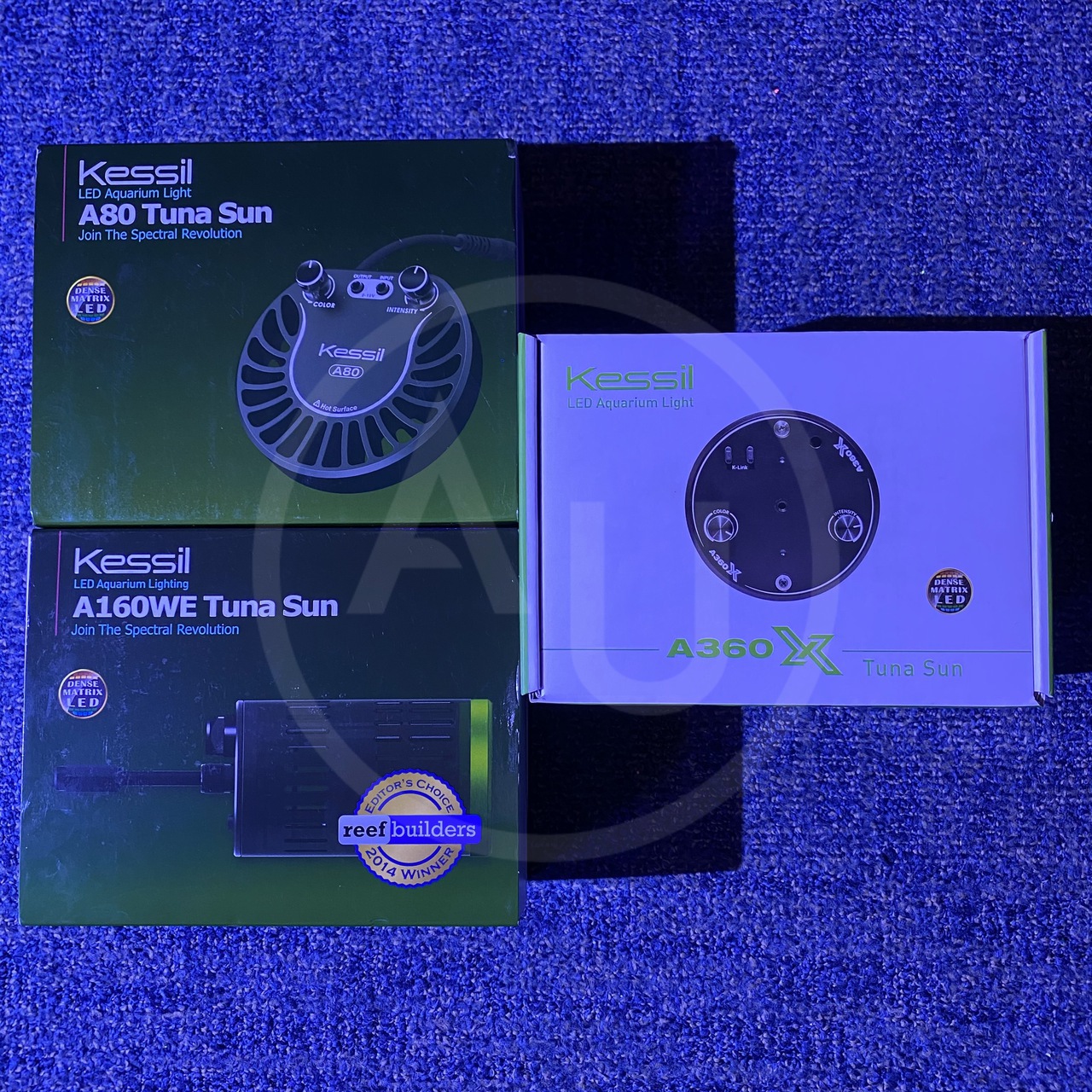 811de6fa9e6bcdbb08efb0538d9174e321ab3734.jpg Three Kessil LED aquarium light boxes—A80 Tuna Sun, A160WE Tuna Sun, and A360X Tuna Sun—are displayed on a blue textured surface.