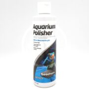 A white bottle labeled Aquarium Polisher by Seachem, featuring a colorful fish image and blue cloth, with text indicating it is safe for glass and acrylic, and removes haze, spots, and minerals.