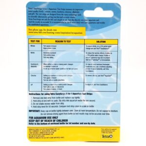 Back of a TETRA EASY STRIPS 6 IN 1 TEST 25 PK shows a chart with test parameters, reasons to test, solutions, and usage instructions on a blue and yellow background. Ideal for fast aquarium water analysis.