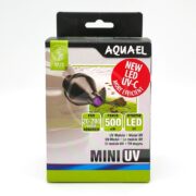 AQUAEL MINI UV box with a UV water sterilizer image, featuring a red sticker reading NEW LED UV-C MORE EFFICIENT and text highlighting for 20-200 litres aquarium, Power 500 mW, and Effective LED UV.