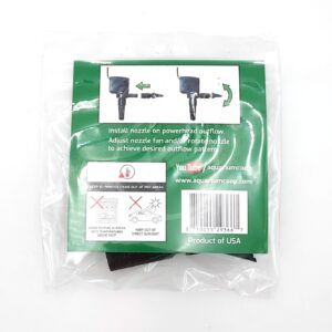 A packaged aquarium product with installation instructions and warnings on the back. Instructions show how to adjust the nozzle. The bottom has safety icons, a barcode, and text stating Product of USA and the website aquariumcoop.com.