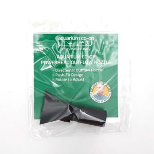 Clear plastic packaging containing a black aquarium powerhead outflow nozzle. The green and white label reads: “Aquarium Co-Op Powerhead Outflow Nozzle, Directional Outflow, Push-Fit Design, Rotate to Adjust.”.