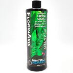 A black bottle labeled FlorinAxis PLANTED by Brightwell Aquatics, featuring a green leaf graphic. Text highlights it as a bioavailable carbon source and stimulator for planted aquariums. The bottle size is 500 ml (17 fl oz).