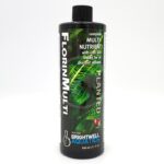 A black 500 ml bottle of Brightwell Aquatics FlorinMulti, a multi-nutrient solution for planted aquariums, featuring green leaf graphics and white text describing its contents and purpose.
