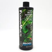 A black 500 ml bottle of Brightwell Aquatics FlorinMulti, a multi-nutrient solution for planted aquariums, featuring green leaf graphics and white text describing its contents and purpose.