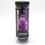 A bottle of Brightwell Aquatics MediCoral Marine Coral Dip, labeled for new coral additions and established corals, featuring a purple coral graphic and clear product instructions, size 30 ml (1 fl oz).