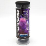A bottle of Brightwell Aquatics MediCoral Marine Coral Dip, labeled for new coral additions and established corals, featuring a purple coral graphic and clear product instructions, size 30 ml (1 fl oz).