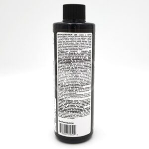 A black plastic bottle with a black cap, featuring a densely packed white label with black text. The label contains product information and instructions, but the text is too small to read clearly in the image.