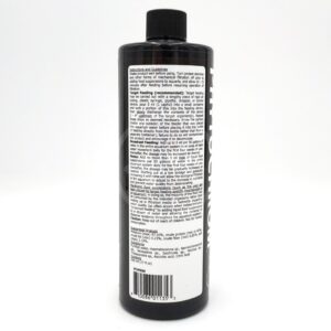 A black bottle with a black cap, shown from the back, featuring a white label covered with detailed instructions, directions, ingredients, and feeding recommendations in small black text.