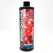 A bottle of Brightwell Aquatics PhytoChrom Marine phytoplankton suspension, featuring a black cap and label with red coral images and white and pink text describing its use for filter-feeding marine invertebrates.