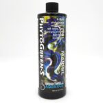 A black 500 ml bottle of Brightwell Aquatics Phytogreen-S Marine, featuring colorful sea life graphics and text describing it as a phytoplankton suspension for corals, clams, sponges, and filter-feeding invertebrates.