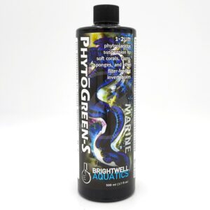 A black 500 ml bottle of Brightwell Aquatics Phytogreen-S Marine, featuring colorful sea life graphics and text describing it as a phytoplankton suspension for corals, clams, sponges, and filter-feeding invertebrates.