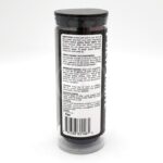 A cylindrical black container with a white label showing directions, feeding recommendations, caution, and barcode text. The product instructions are printed in black on the white label, with a clear lid on top.