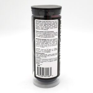 A cylindrical black container with a white label showing directions, feeding recommendations, caution, and barcode text. The product instructions are printed in black on the white label, with a clear lid on top.