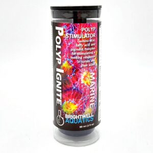 A clear plastic container labeled Polyp Ignite by Brightwell Aquatics, featuring a colorful coral image and text indicating it is a marine polyp stimulator supplement, 60 ml (2 fl oz).
