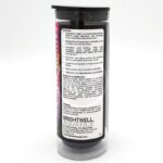 A cylindrical container of Brightwell Aquatics aquarium product with a white label displaying product overview, technical background, storage instructions, and contact information in black text.