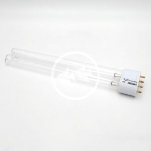 A double-tube UV light bulb with four gold prongs on a white base, resting on a plain white background.