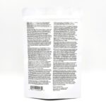 The image shows the back of a white product package with black printed text in multiple columns, including instructions, nutrition facts, and a barcode at the bottom left. The logo and manufacturer details appear at the bottom right.