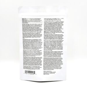 The image shows the back of a white product package with black printed text in multiple columns, including instructions, nutrition facts, and a barcode at the bottom left. The logo and manufacturer details appear at the bottom right.