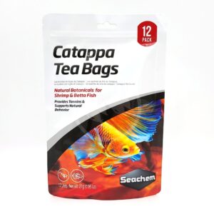 A package of Seachem Catappa Tea Bags for shrimp and betta fish, featuring a vibrant orange and blue fish image and text indicating a 12-pack of natural botanicals to support aquatic health.