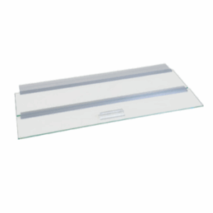 A rectangular glass aquarium lid with two gray plastic handles and a small clear grip in the center, placed on a white background.