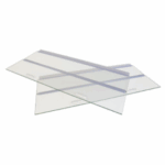 Two clear rectangular glass sheets are shown overlapping each other diagonally on a white background. Both sheets have stickers with text, indicating they are likely new or for sale.