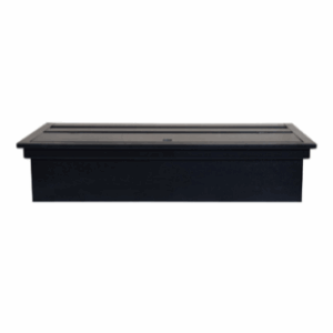 A black rectangular box with a fitted lid, viewed from the front against a white background.