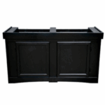 The SEAPORA MONARCH STAND 27.5" HIGH is a black wooden stand featuring two paneled doors and an open top, ideal for supporting a countertop or sink.
