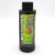 A black bottle of Brightwell Aquatics Koralle-VM Marine supplement, labeled as an advanced vitamin, minor, and trace element supplement for corals, clams, and other marine invertebrates. The bottle contains 125 ml (4 fl oz).