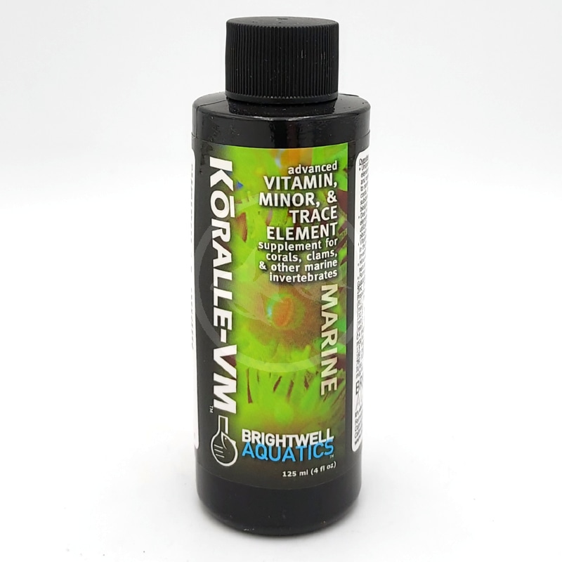 20251215 134358DONE.jpg A black bottle of Brightwell Aquatics Koralle-VM Marine supplement, labeled as an advanced vitamin, minor, and trace element supplement for corals, clams, and other marine invertebrates. The bottle contains 125 ml (4 fl oz).