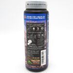 A black and blue container with a label describing UF multi-strain probiotics for fish, featuring icons for ingredients, feeding instructions, cautions, company information, and a fish graphic illustration.