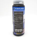 A black container with a blue label displaying product features and nutritional analysis. The label states 0% additives, artificial colors or byproducts at the top and lists product benefits in white text. The container has a clear lid.