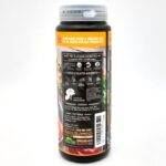 A black bottle with a gray cap featuring a label that highlights probiotics for turtles, lists ingredients, feeding instructions, cautions, and company details in white text on the back.