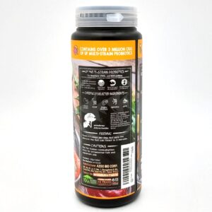 A black bottle with a gray cap featuring a label that highlights probiotics for turtles, lists ingredients, feeding instructions, cautions, and company details in white text on the back.