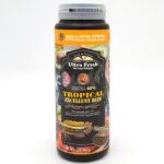 A container of Ultra Fresh Shrimp Delight Tropical Excellent Bits fish food, featuring colorful images of fish and shrimp, and text highlighting 40% shrimp content and 100% all-natural protein.