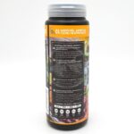 A black supplement container with an orange label reads 0% additives, artificial colors or byproducts. Features and analysis of the product are listed in white text on a dark background. Images of various fruits appear along the side.