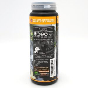 A black bottle with a gray cap displays detailed product information, icons, and instructions for use. Text highlights probiotics, ingredients, feeding guidelines, and cautions. The label also features graphics and bright yellow accents.