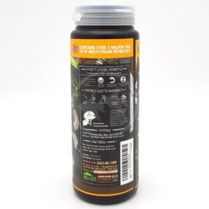 A black container of reptile food with detailed feeding instructions, ingredients, and probiotic information printed on the label. The text highlights over 3 million CFU of multi-strain probiotics.