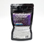 A black resealable pouch labeled Clam Hammock by Brightwell Aquatics, featuring purple accents and text describing it as a marine bivalve base for aquarium use with NanoIntlex technology.