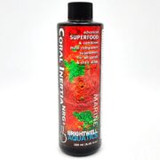 A bottle of Brightwell Aquatics Coral Inertia NRg+ Marine, a 250 ml supplement for corals, featuring vibrant red coral imagery and white text describing it as an advanced superfood and multi-component supplement.