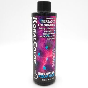 A bottle of Brightwell Aquatics Koral Color Marine, a 250 ml (8.45 fl oz) aquarium supplement, with text promoting increased coloration for corals, clams, and their allies. The label features a coral background image.